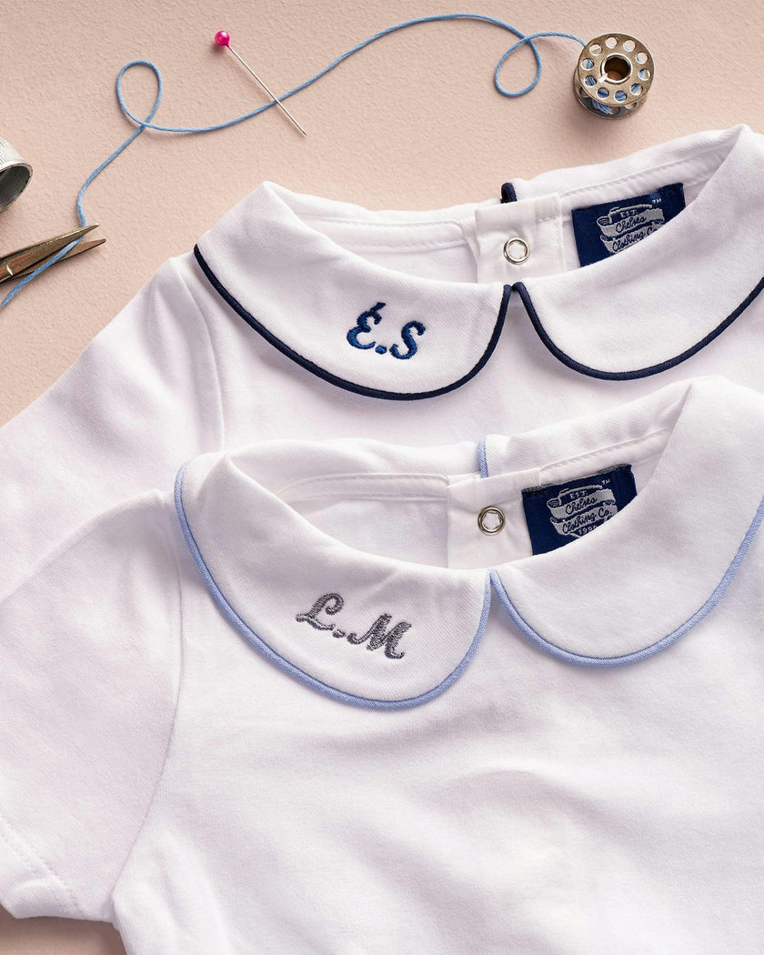 Baby Short-Sleeved Milo Bodysuit in White/Blue