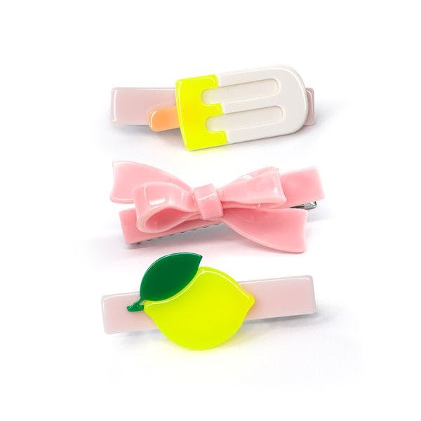 Lemon Pink Bow Popsicle Trio Hair Clip Set -SUM