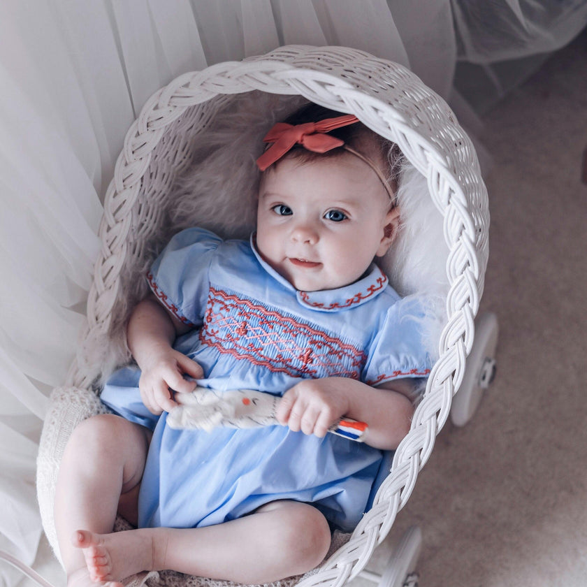 Princess Charlotte Sky Blue Smocked Baby Romper