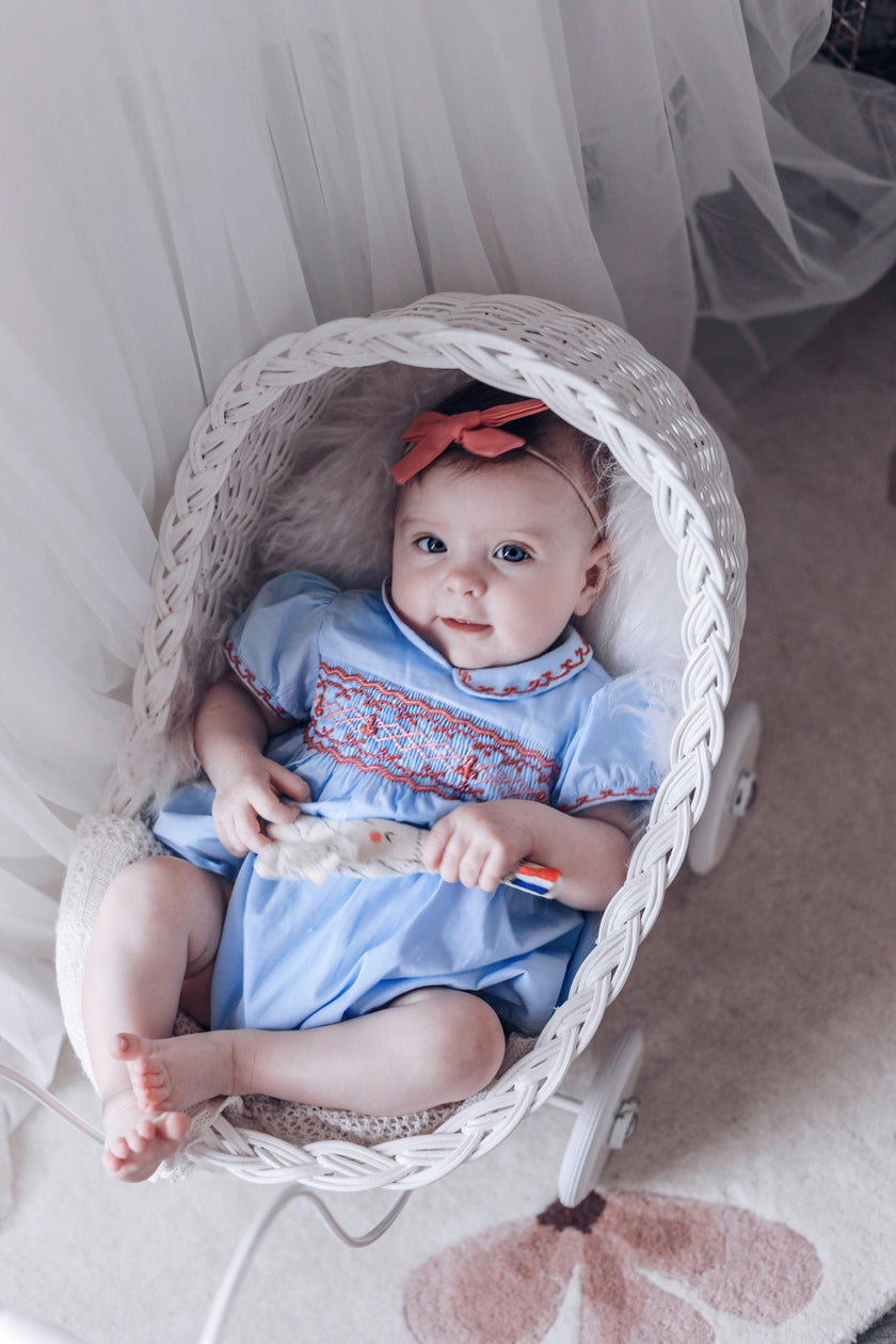 Princess Charlotte Sky Blue Smocked Baby Romper