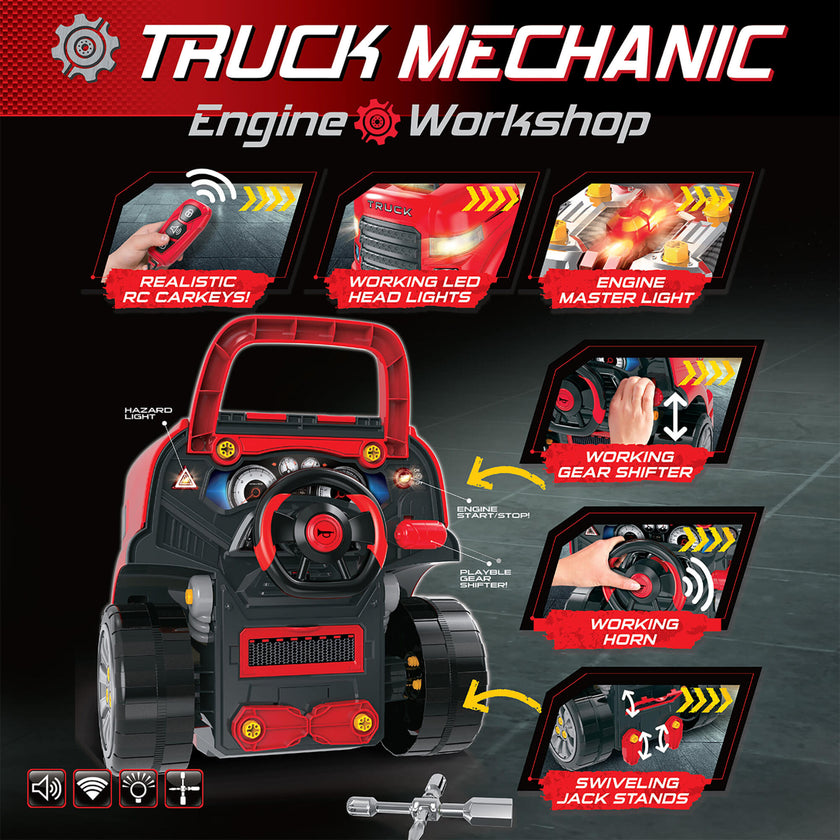 Truck Mechanic Engine Workshop (Red) - Cool Take Apart and Rebuild Engine with Remote Control Car Key