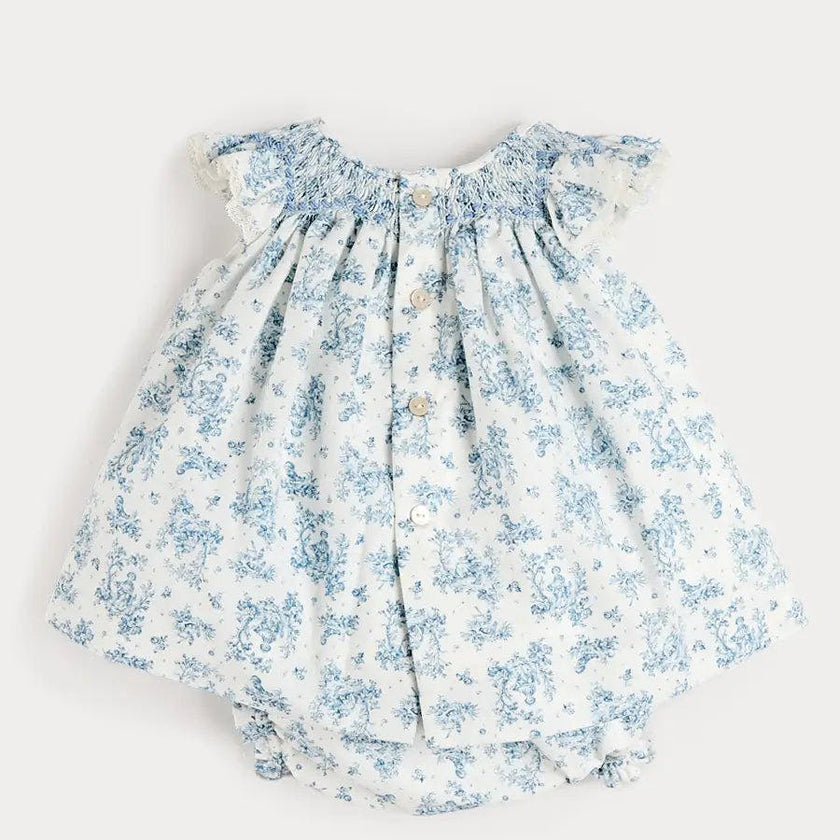Audrey Toile Capped Sleeve Hand Smocked Dress with Bloomers in Blue (3-12mths)