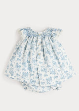 Audrey Toile Capped Sleeve Hand Smocked Dress with Bloomers in Blue (3-12mths)