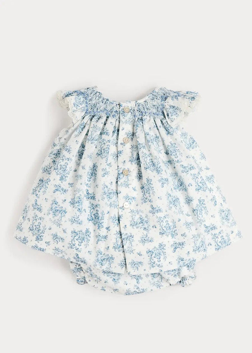 Audrey Toile Capped Sleeve Hand Smocked Dress with Bloomers in Blue (3-12mths)