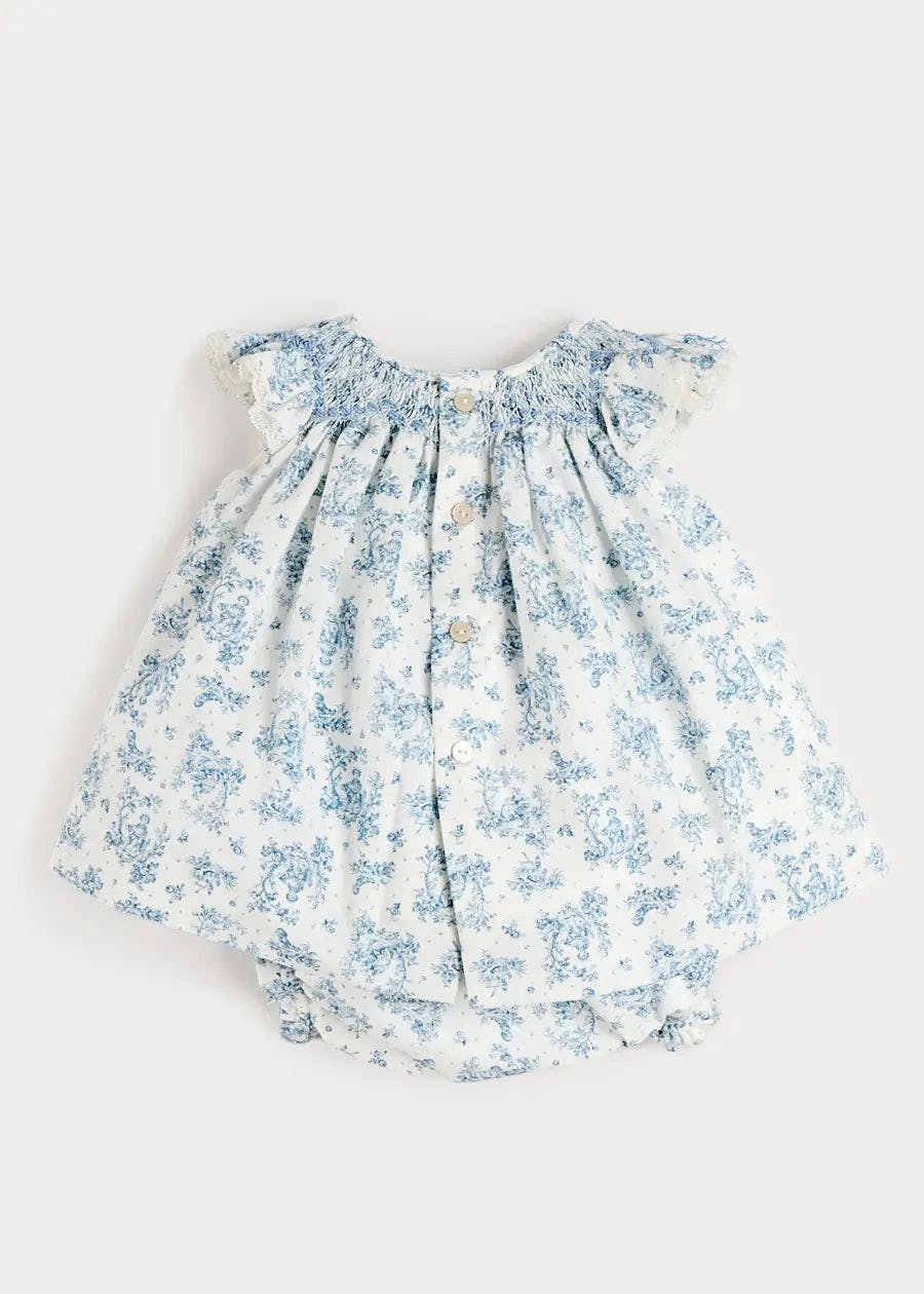 Audrey Toile Capped Sleeve Hand Smocked Dress with Bloomers in Blue (3-12mths)