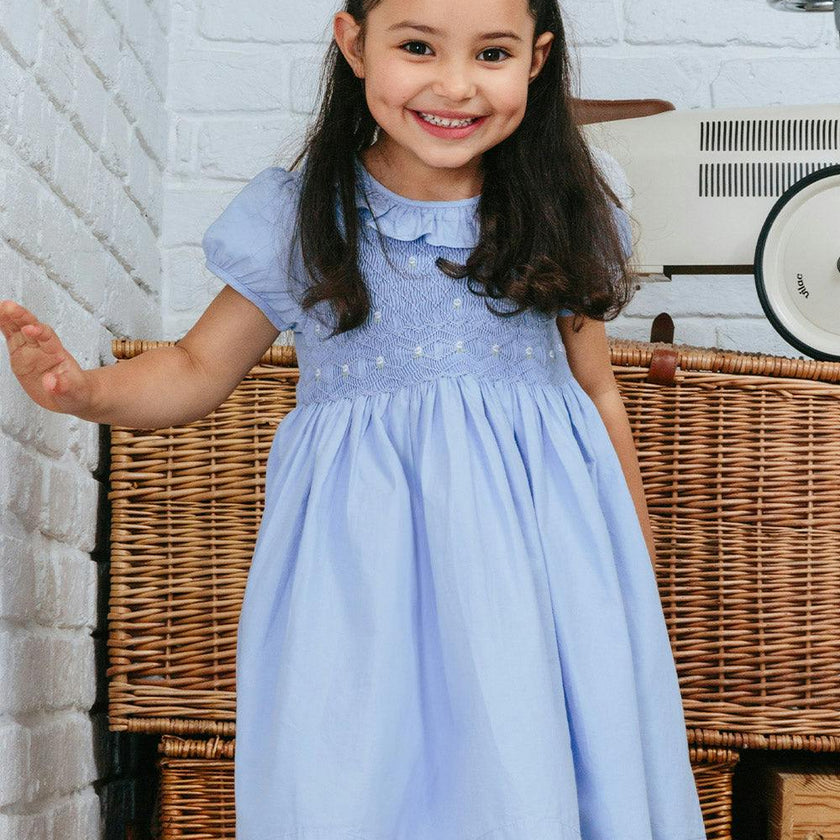 Willow Rose Hand Smocked Dress in Cornflower Blue