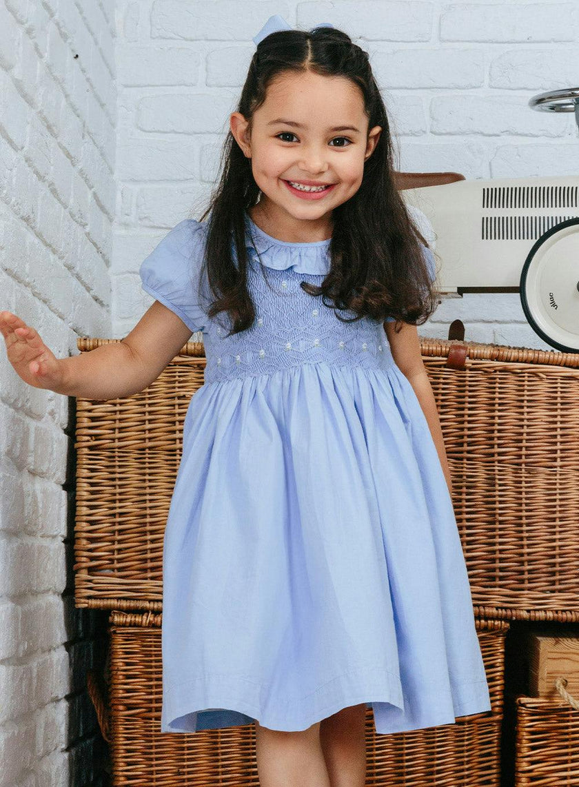 Willow Rose Hand Smocked Dress in Cornflower Blue