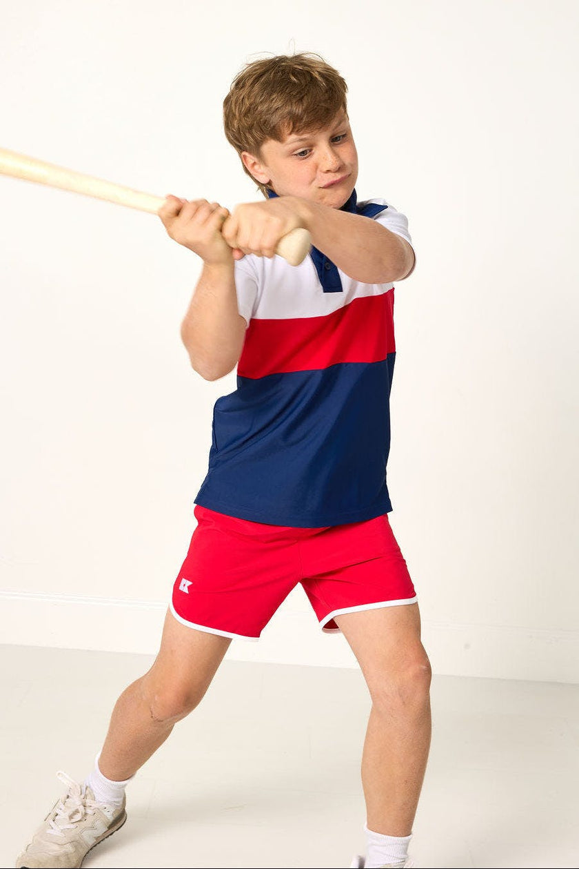 red retro super short with white piping
