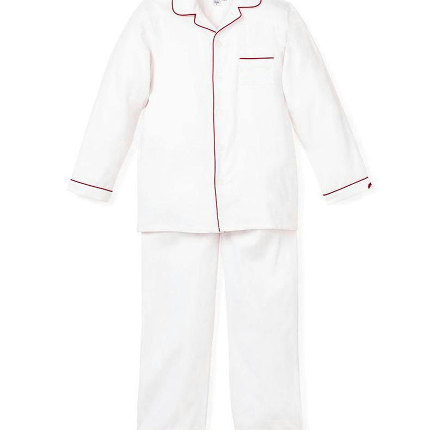 Kid's Twill Pajamas in White with Red Piping