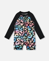 One-Piece Long Sleeve Rashguard Black Leopard Print