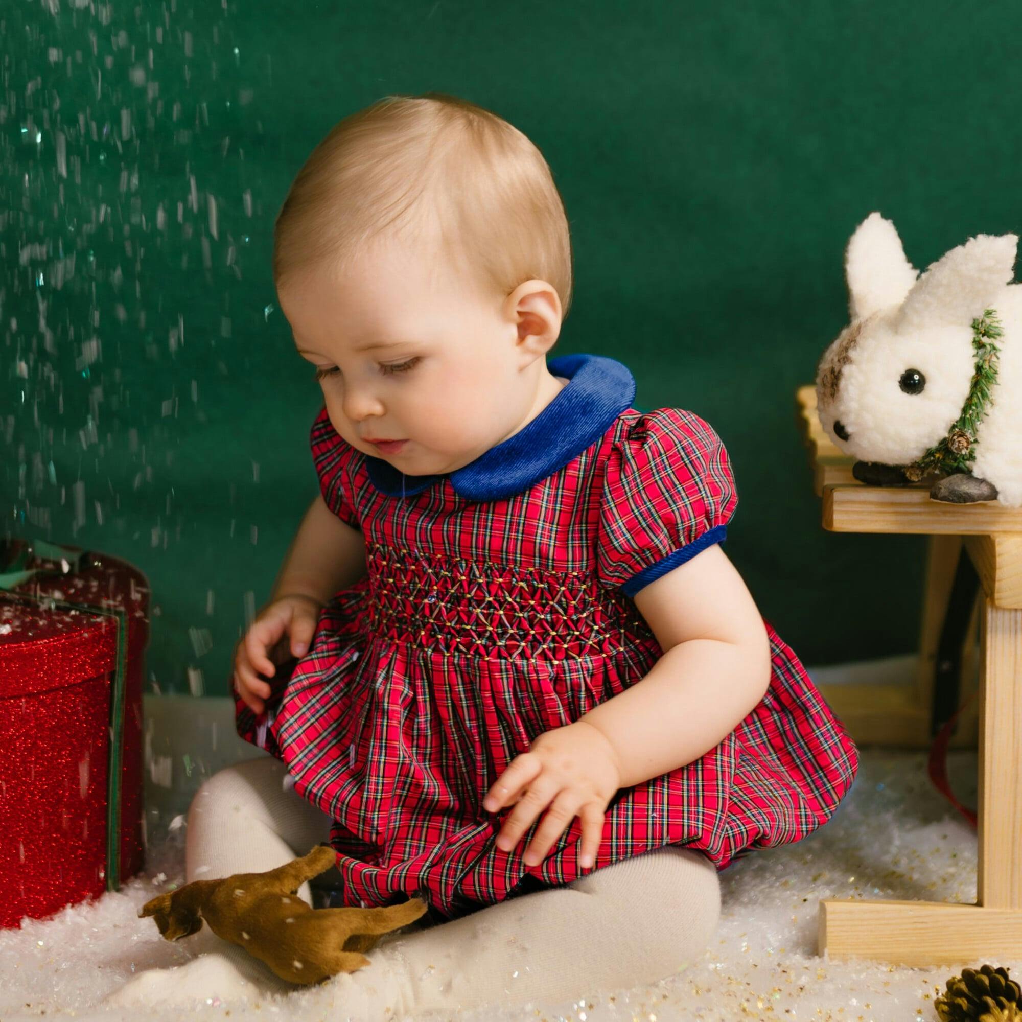 Angelica Navy Tartan Short Sleeve Smocked Bubble
