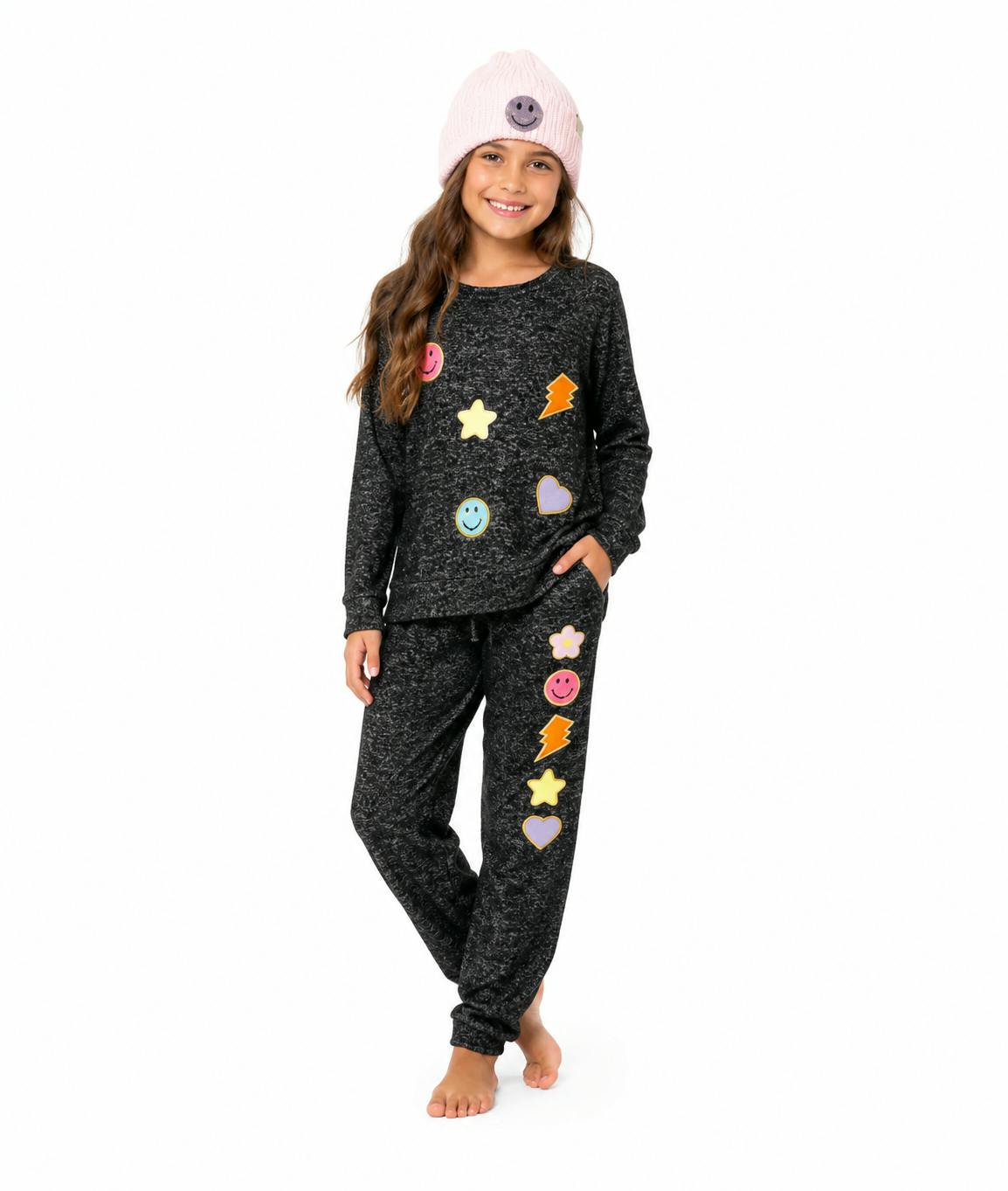 Hacci Sweatshirt with Assorted Color Glitter Chenille Bow Patches