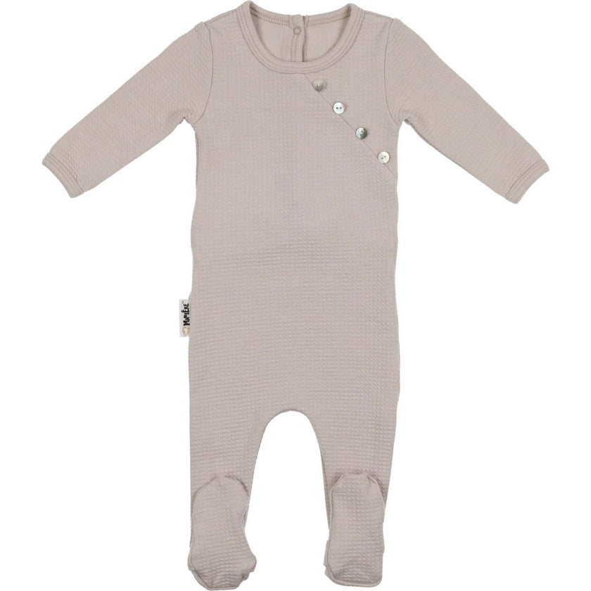 Boys Quilted Waffle Round Neck Long Sleeve Cross Buttoned Footie, Grey