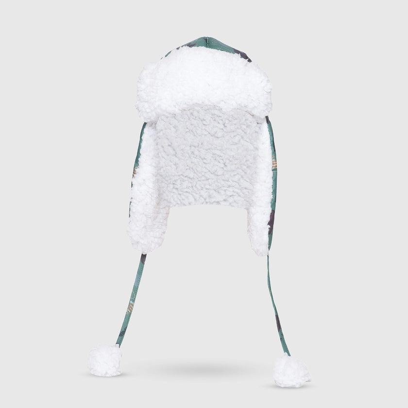 The Cozy Trapper Hat – Camping Trails Print with Coconut White Sherpa Liner & Pompoms