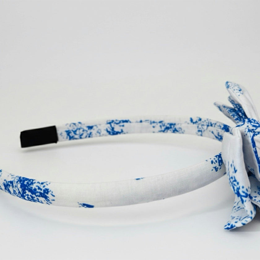 Three Little Bows Headband- Blue Toile