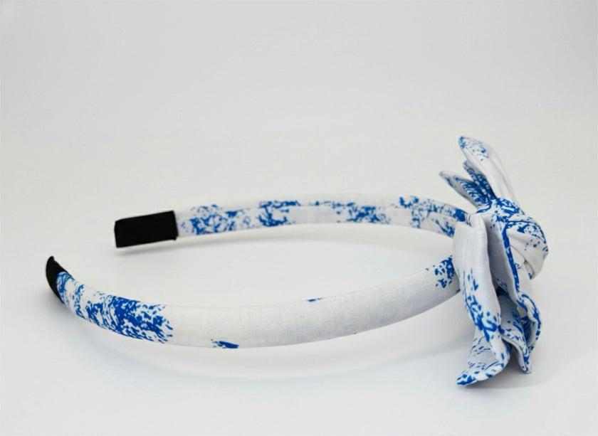 Three Little Bows Headband- Blue Toile