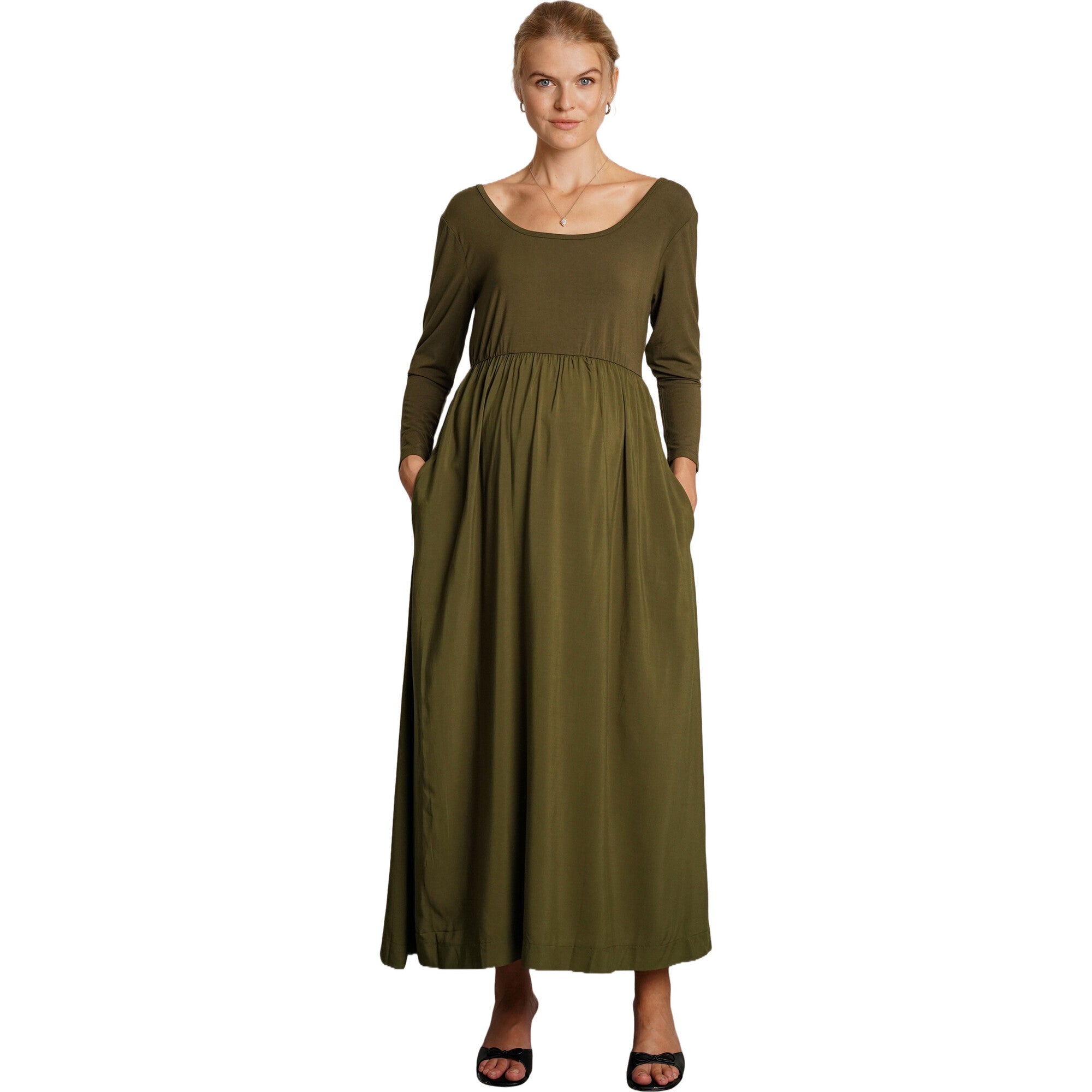 Maeve Round Neck Long Sleeve 4-Way Stretch Maternity Dress, Green