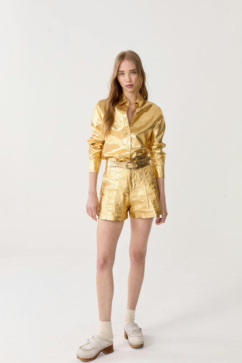Frida Metallic&nbsp;Linen Shorts - Gold