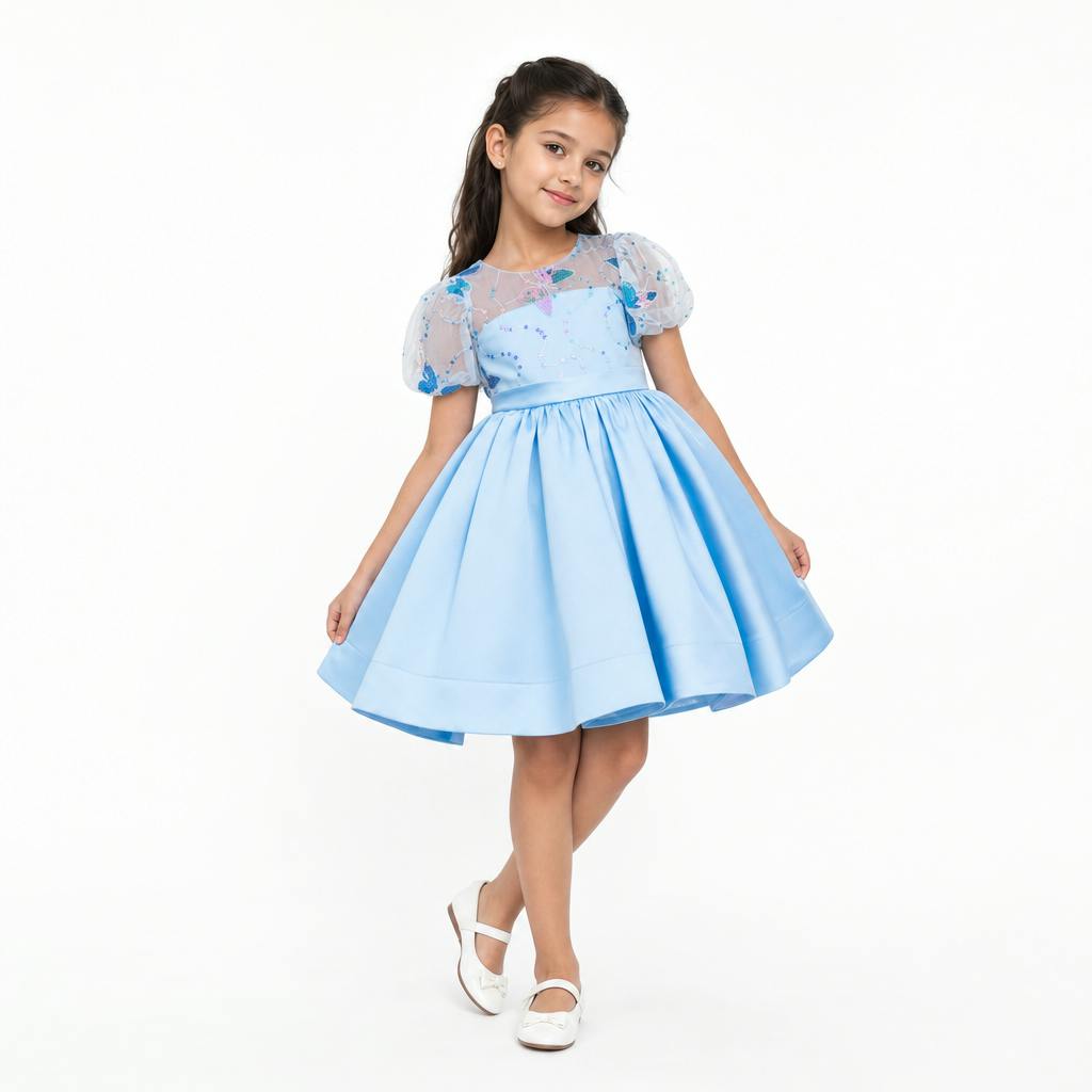Celestial Butterfly Blue Sequin Tulle Birthday Dress for Girls