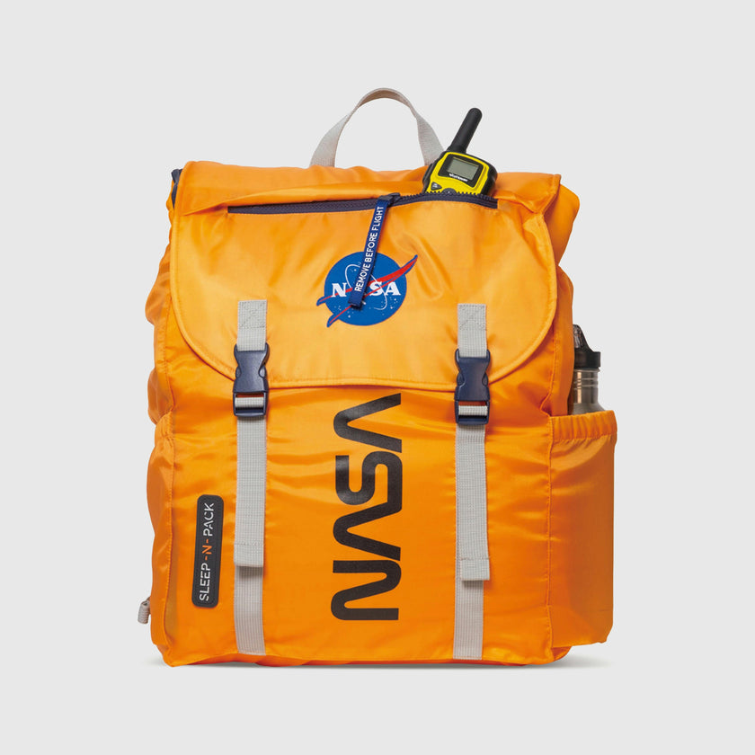 Sleep-N-Pack™ – Big Kid Size | NASA Official Logo & Patches | 2-in-1 Backpack & Sleeping Bag with Cozy Fleece Liner - ORANGE