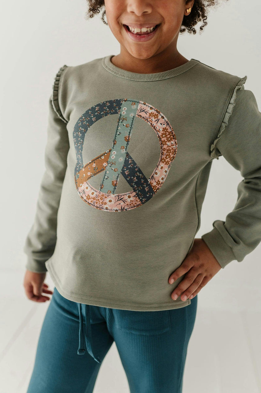 Girls Raw Edge Sweatshirt in Patchwork Peace Sign
