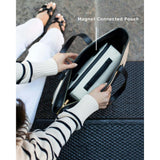 Vegan Leather Work Tote Bag with Removable Insulated Pouch, Black Canvas