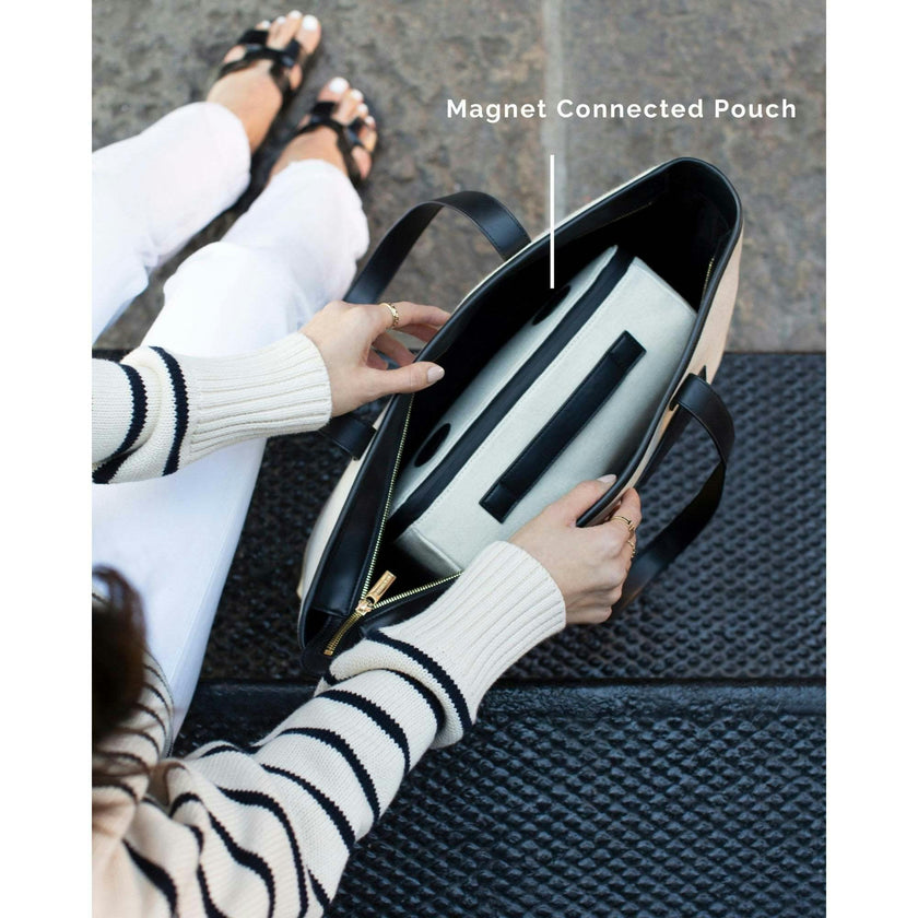 Vegan Leather Work Tote Bag with Removable Insulated Pouch, Black Canvas