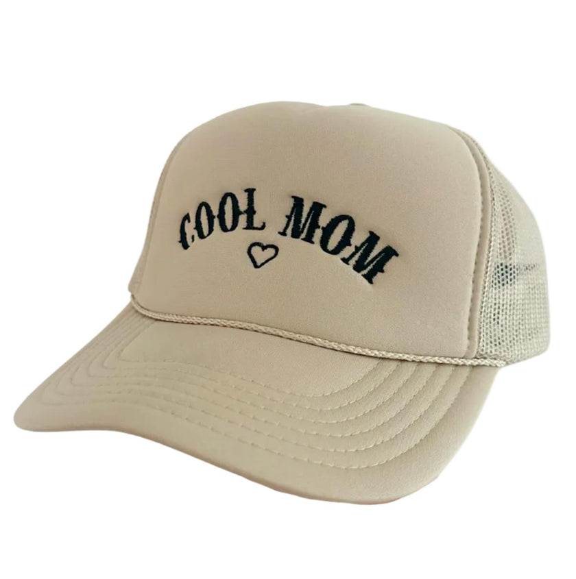 Cool Mom Embroidered Trucker Hat, Beige & Black - OS