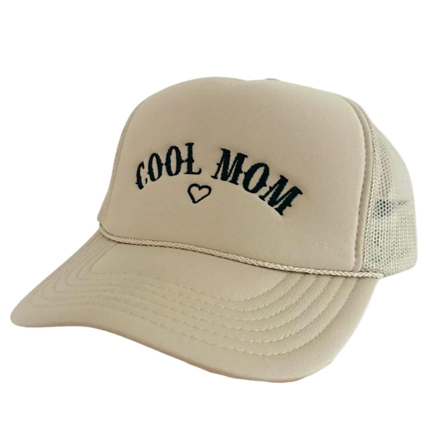 Cool Mom Embroidered Trucker Hat, Beige & Black - OS