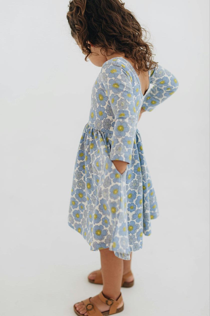 3/4 Sleeve Twirl Dress in Periwinkle Meadow