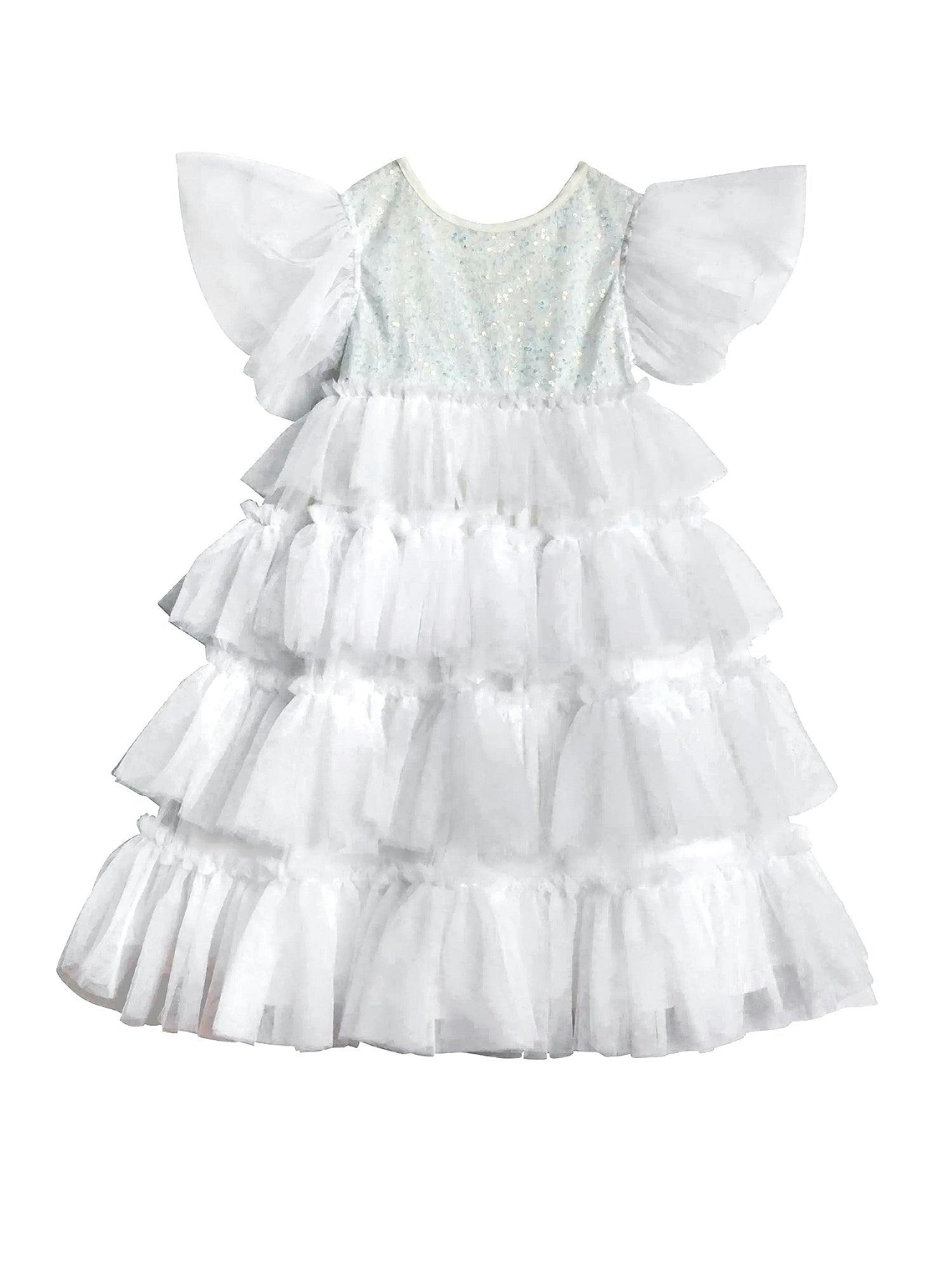 White Tulle Ruffle Dress For Girls