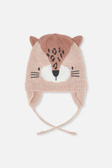 Baby Leopard Winter Knit Hat With Ear Flaps And Ears Pale Dusty Pink