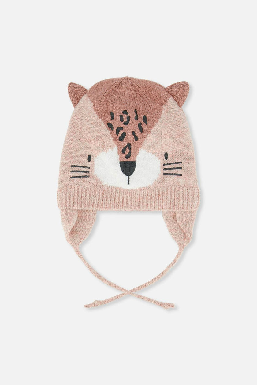 Baby Leopard Winter Knit Hat With Ear Flaps And Ears Pale Dusty Pink