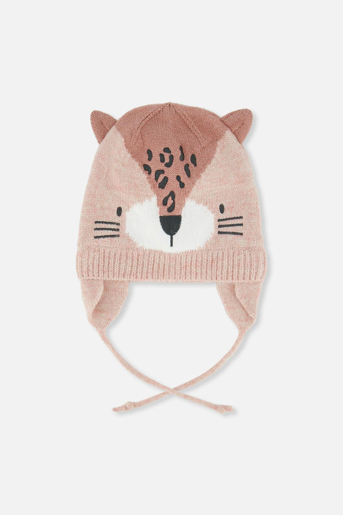 Baby Leopard Winter Knit Hat With Ear Flaps And Ears Pale Dusty Pink