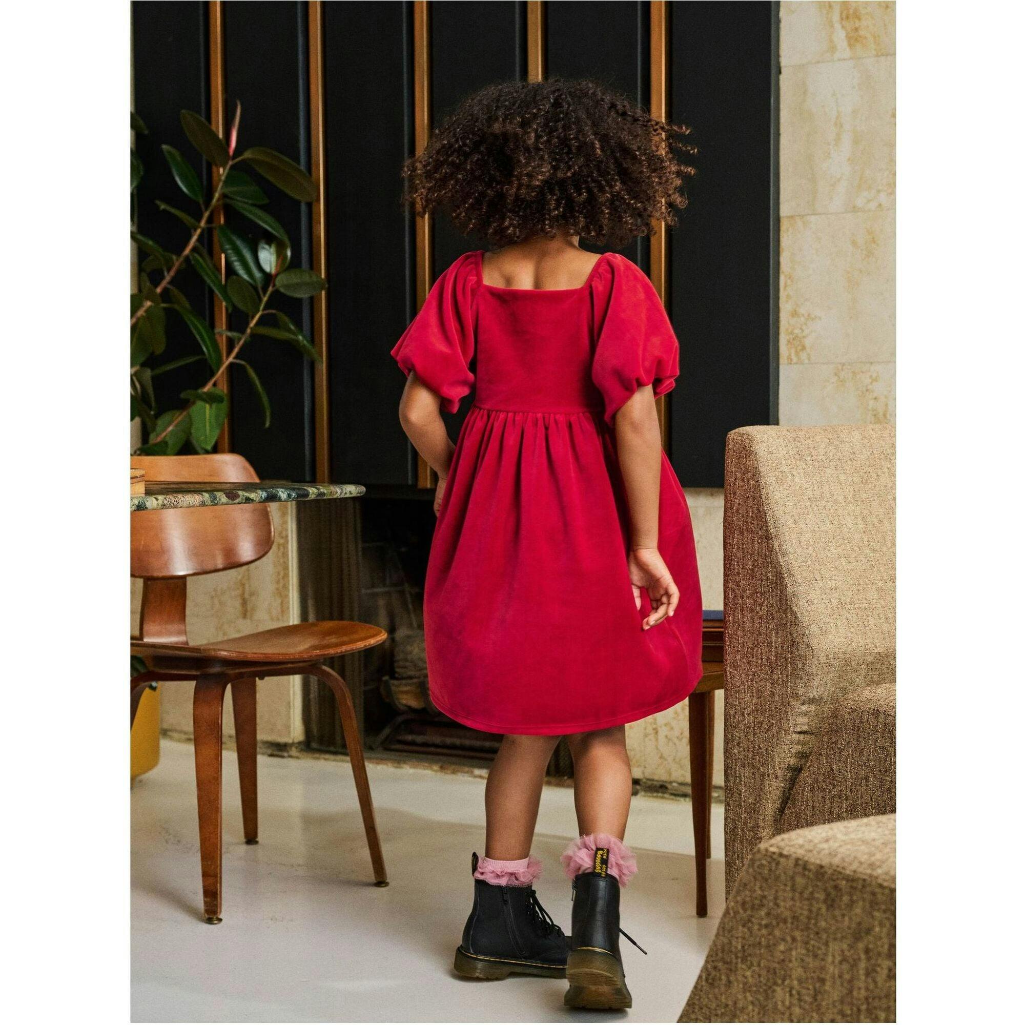Puff Shoulder Velour Dress, Red