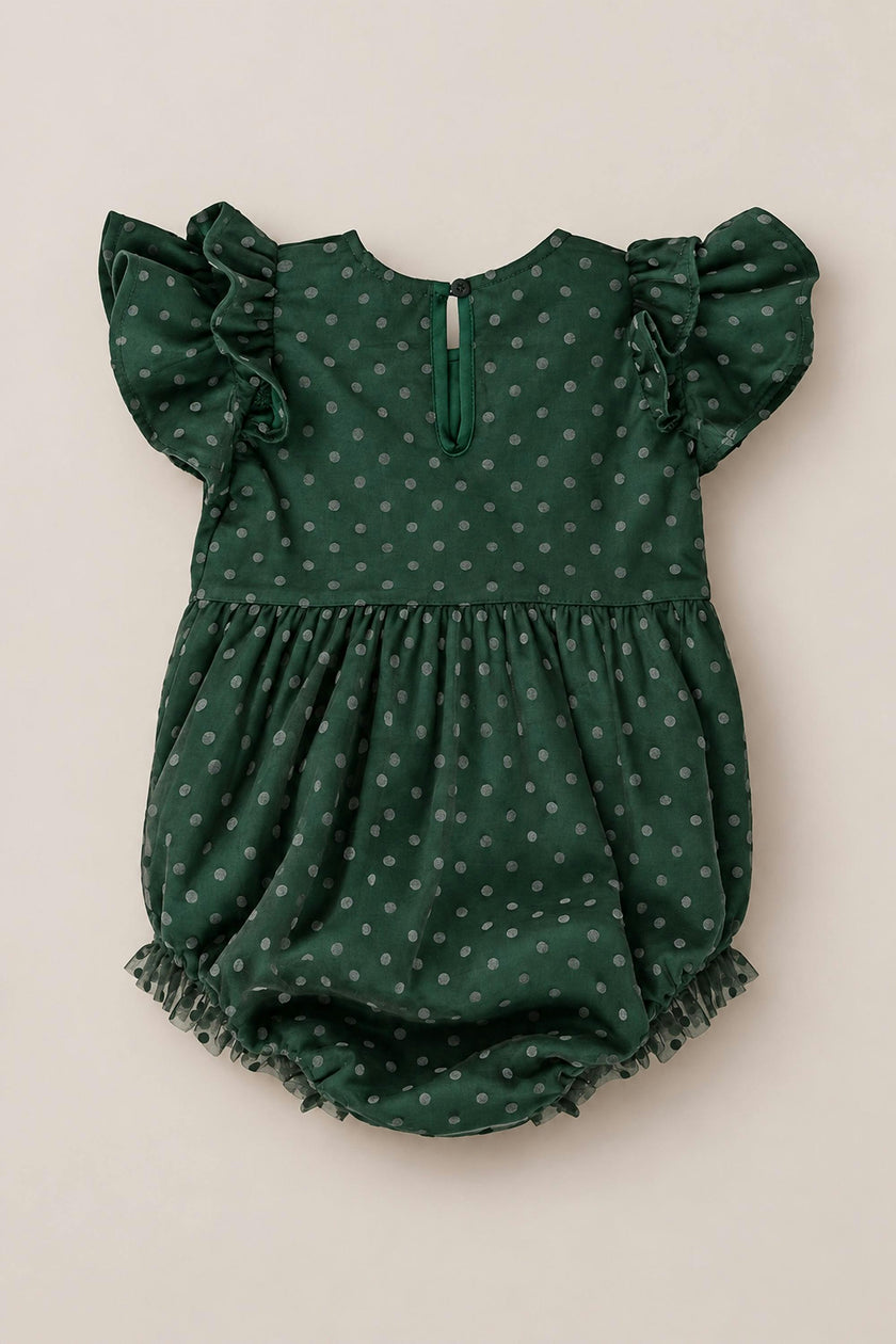 Baby Hattie Romper in Green Flocked Dot Tulle
