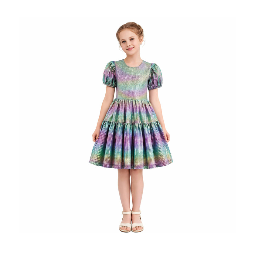 Retro Iridescent Puff-Sleeve Dress