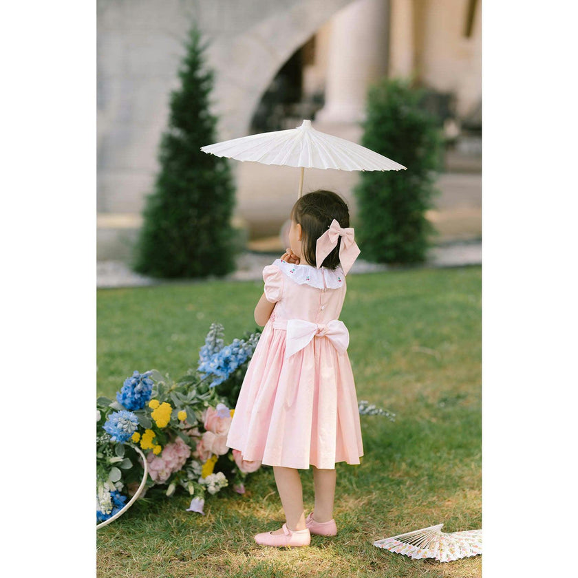 Pink Smocked Dress with Embroidered Cherries