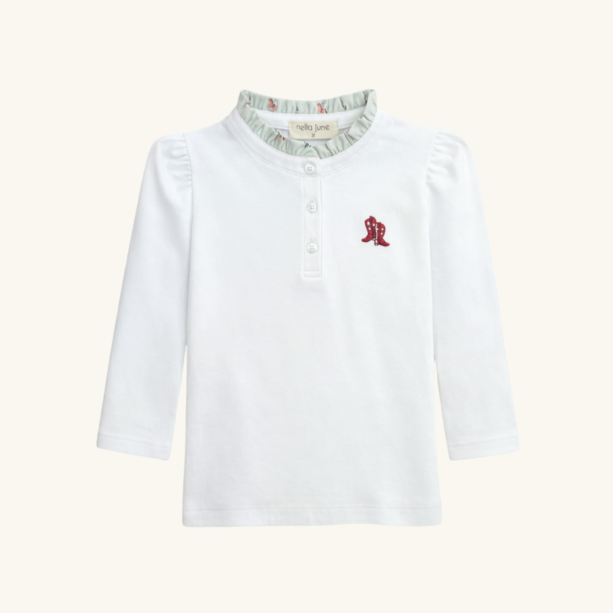 Ruffle Trim Long Sleeve Tee in White/Rodeo