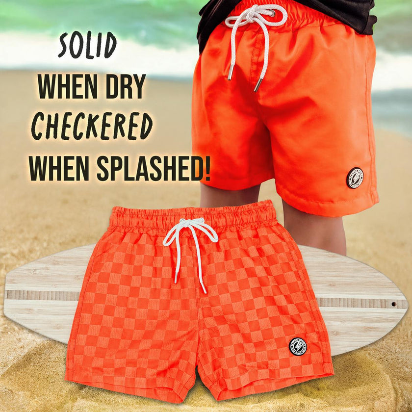 Neon Orange Checker Swim Trunks