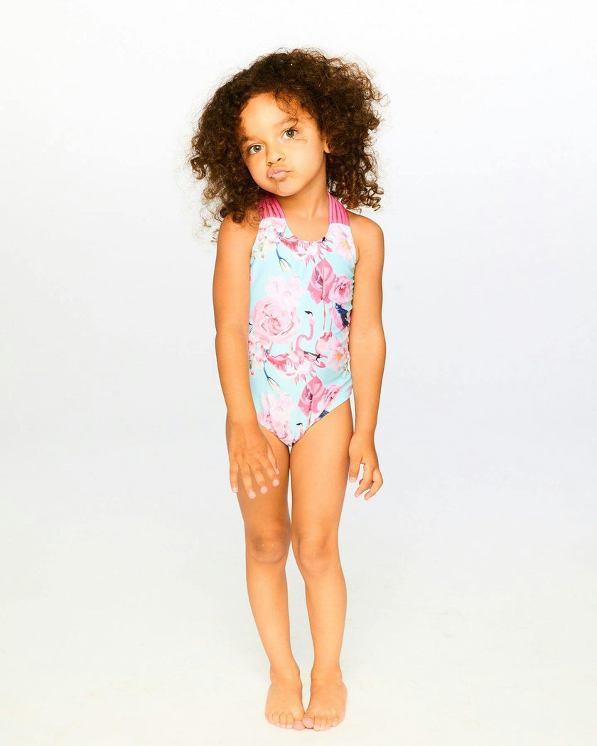 One-Piece Swimsuit Blue Flamingo Print