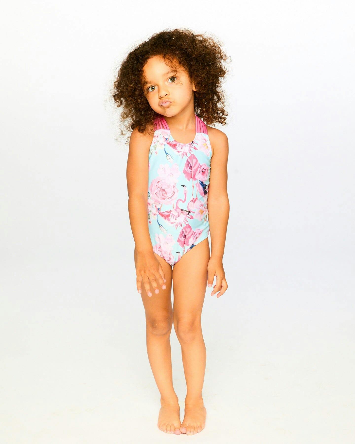 One-Piece Swimsuit Blue Flamingo Print