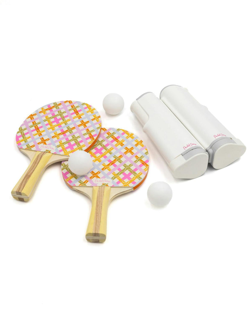 Packed Party Game Set Match Table Tennis Set - 2 Multicolor Plaid Wooden Paddles, 3 Balls, and Retractable Net for Any Table, 6-Piece Complete Set