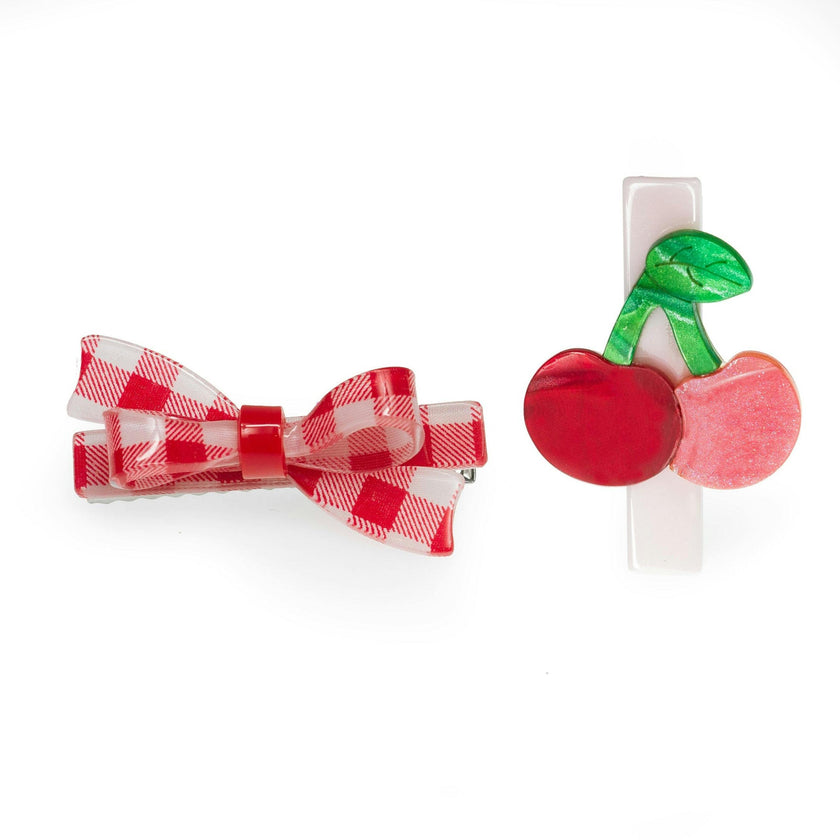 SPR - Cherry & Red Checkered Bow Hair Clips
