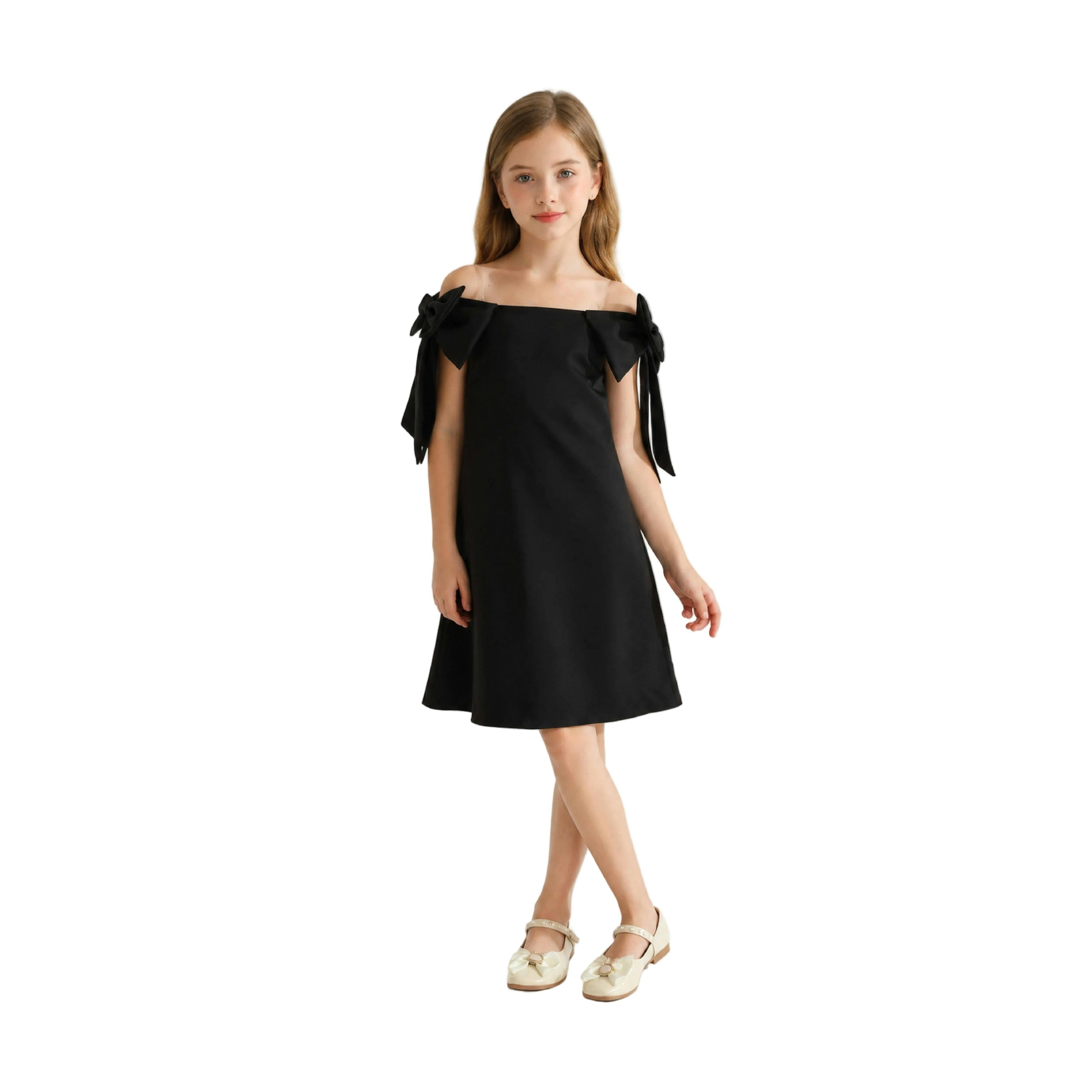 Black Luneta Off-Shoulder Bow Dress