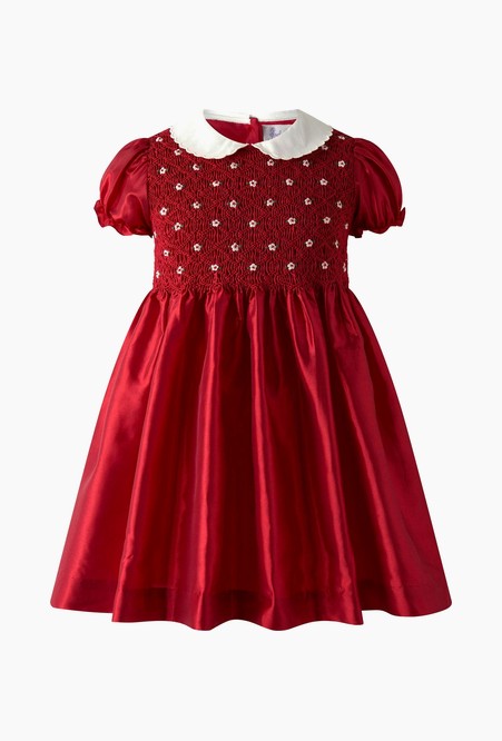 Red Taffeta Rosebud Smocked Dress