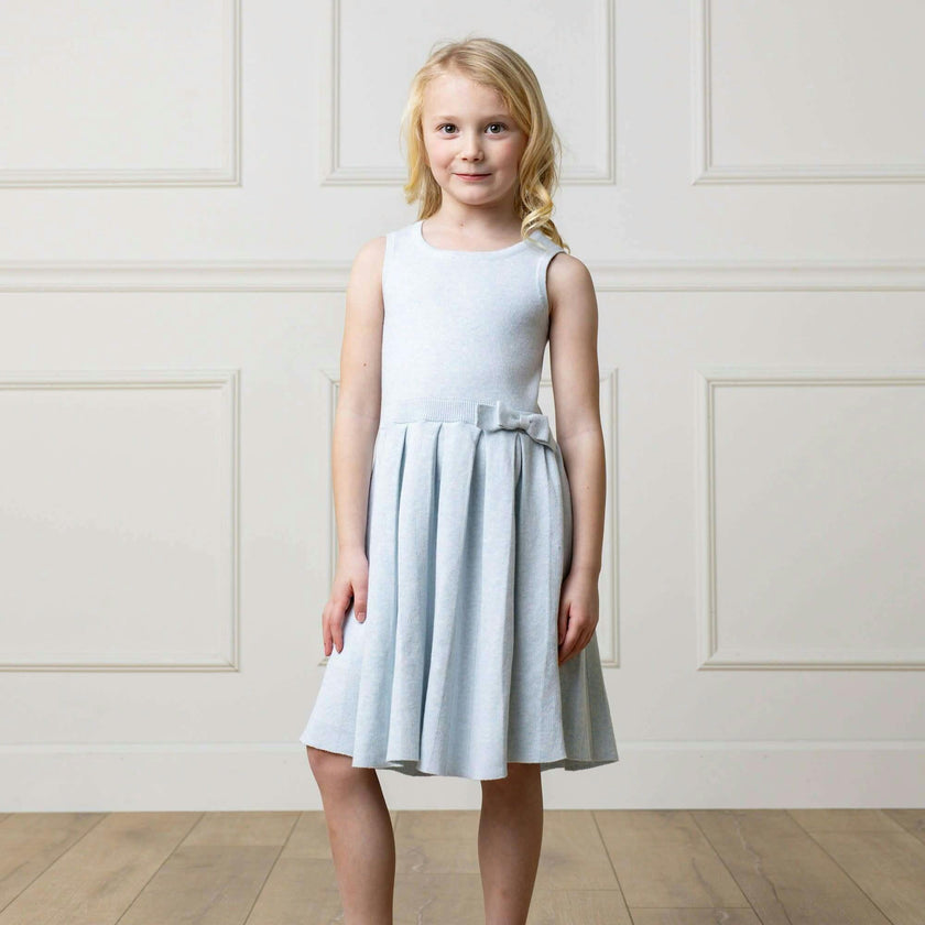 Organic Sleeveless Pleated Sweater Dress with Bow, Blue