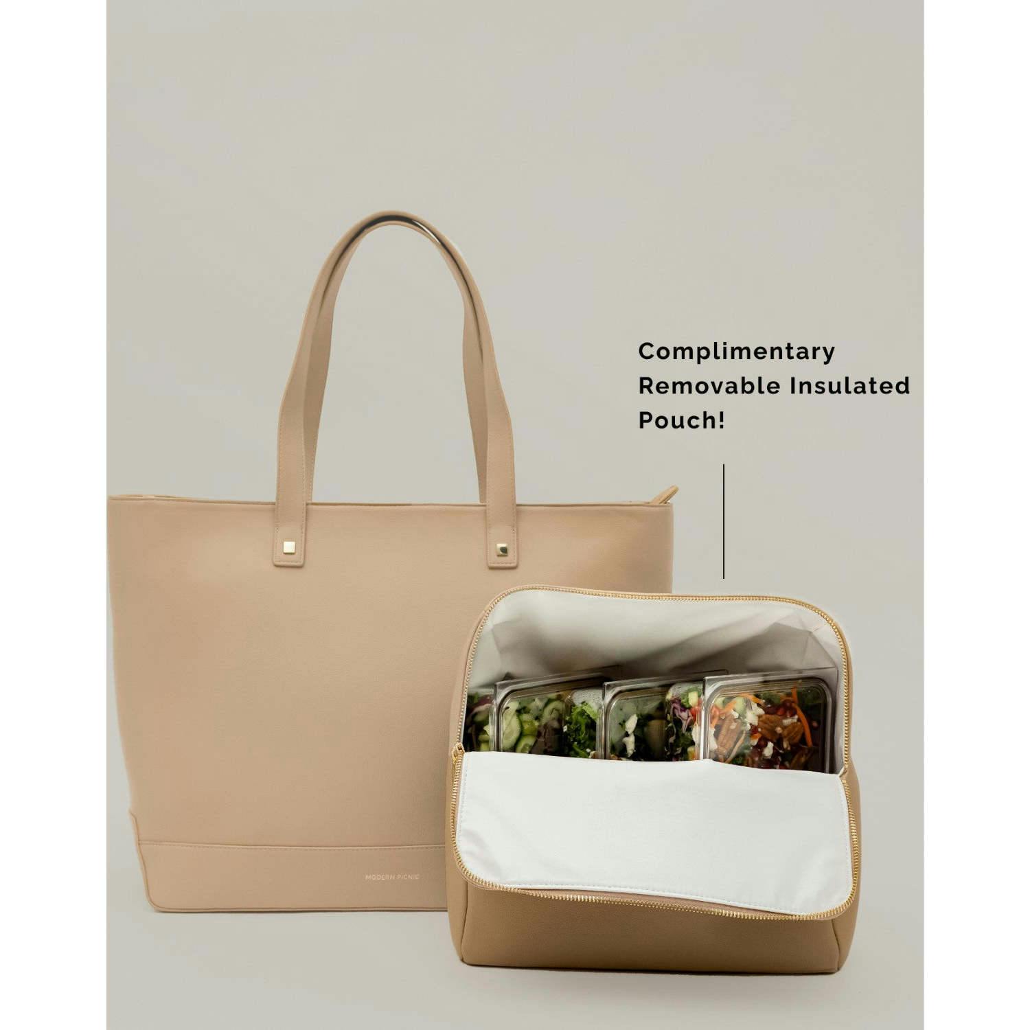 Vegan Leather Work Tote Bag with Removable Insulated Pouch