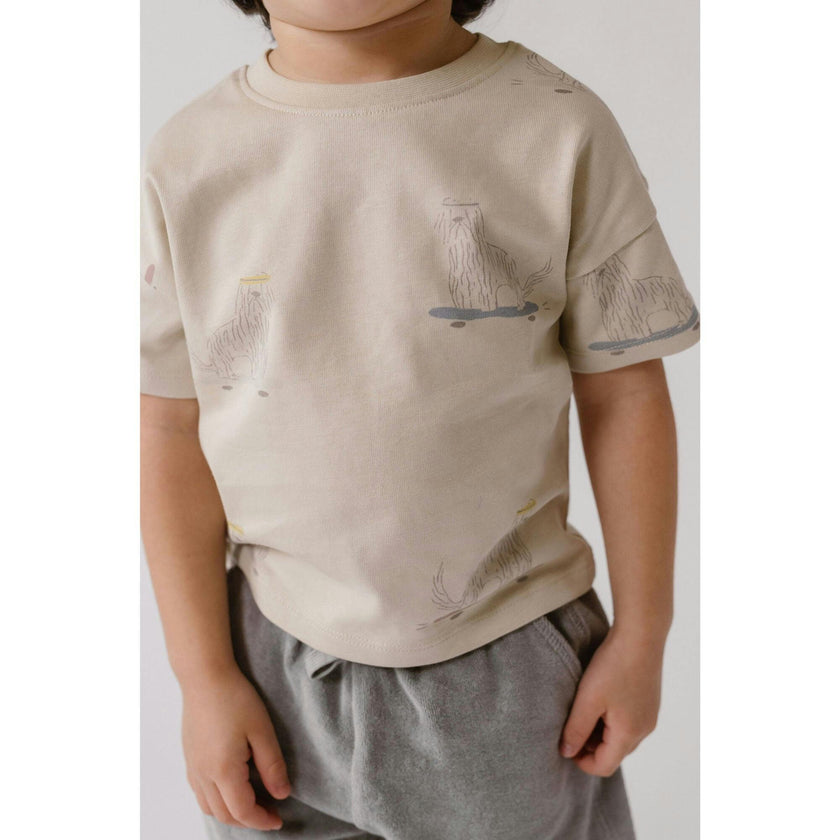 Short Sleeve Round Neck Drop Shoulder T-Shirt, Tan