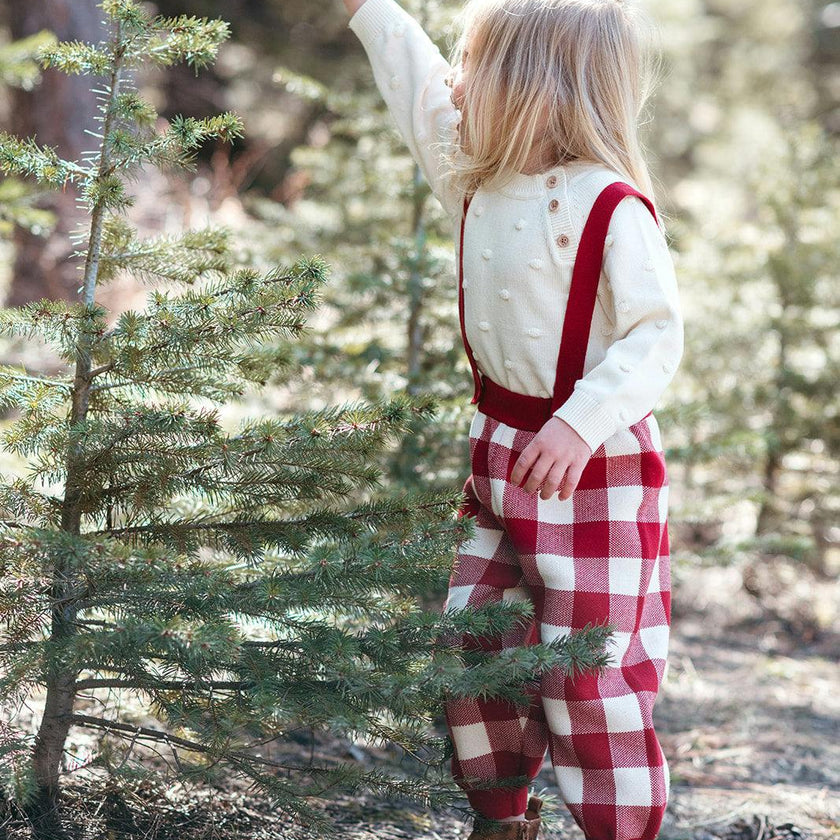 Red Gingham Knit Suspender Pants